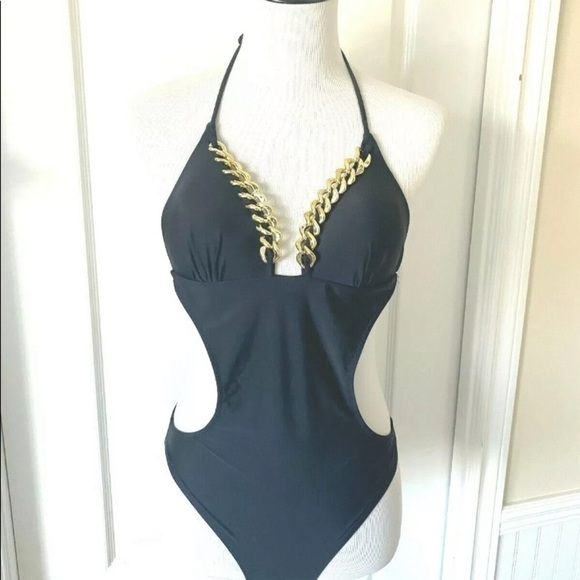 Womens Swimbay Size Small One Piece Bathing Swimsuit Black Gold Neck Cut Out EUC - Picture 4 of 6